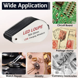 30x Jewelry Tool Optic Lens with 6 <b>LED</b> and <b>UV</b> Light 22mm Diameter Mini Gem Loupe Rechargeable for Relic Enthusiasts - Product Image 4