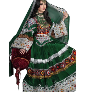 Service OEM : Ensembles 2 pièces (Robe longue coupe trapèze et Pantalon) en dentelle afghane vintage, brodés de pièces anciennes, de pompons et de boutons, pour mariée - Product Image 1
