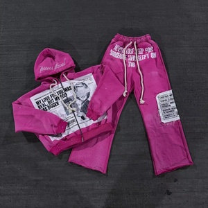 Conjunto Deportivo de Dos Piezas con Capucha, Estilo Vintage, Lavado Ácido, Transpirable, con Pedrería, Ropa de Calle, 100% Algodón Estampado - Product Image 1