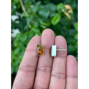 925 Silver Geometric <b>Stud</b> <b>Earrings</b> Citrine Garnet Topaz <b>Amethyst</b> Diamond Ruby Emerald Bezel Settings Trendy Animal Engagement - Product Image 2