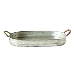 Iron Galvanized Serving Tray Handmade Oval Shape for <b>Hotels</b> & <b>Restaurant</b> <b>Supplies</b> Food Serving Tray With Rope Handle - Product Image 2