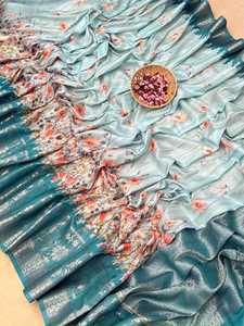 Saree en soie douce avec bordure imprimée contraste combinaison florale Jal et riche Zari tissé Pallu travail femme mode - Product Image 3