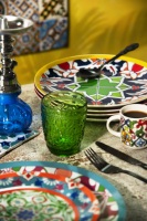Service de vaisselle durable, 12 assiettes rondes en céramique, Bazar Medina Excelsa, design bohème multicolore, motifs décoratifs