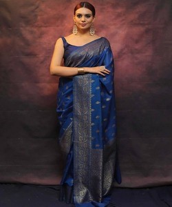 ÚLTIMO SOFT LICHI SEDA JACQUARD TRABAJO SAREE CON BLUSA SIN COSTAR ROPA DE TEMPORADA PRECIO AL POR MAYOR ROPA ÉTNICA AZUL - Product Image 1