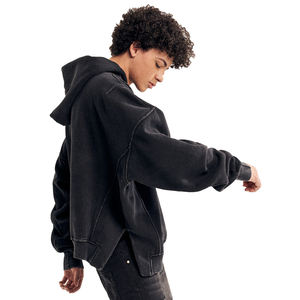 Granel personalizado 500gsm alto peso hombres llano en blanco desgastado Todo Negro lavado Sudadera con capucha de gran tamaño con limo lateral sudaderas con capucha - Product Image 1