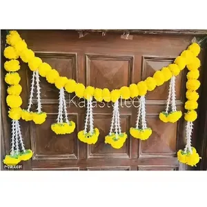Beautifully Designed Artificial Marigold Flower Toran with White Tassels Yellow Color Hanging Garland for Door Decorations
