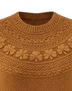 Customized Camel Brown Jacquard Knit Sweater Floral Textured Crew Neck <b>Long</b> Sleeve Winter Pullover <b>For</b> <b>Women</b> Custom Wholesale - Product Image 4