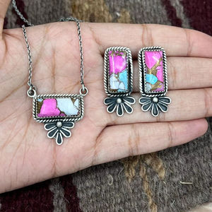 Handmade Sterling Silver Cotton <b>Candy</b> Turquoise <b>Necklace</b> and Earrings Set Rhodium and Gold Plated Gift for Her - Product Image 1