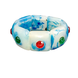 Bracelet manchette extensible en résine géométrique rétro avec texture marbre bleu, incrustation de strass et maillons en acrylique, bracelet coloré effet marbre - Product Image 1