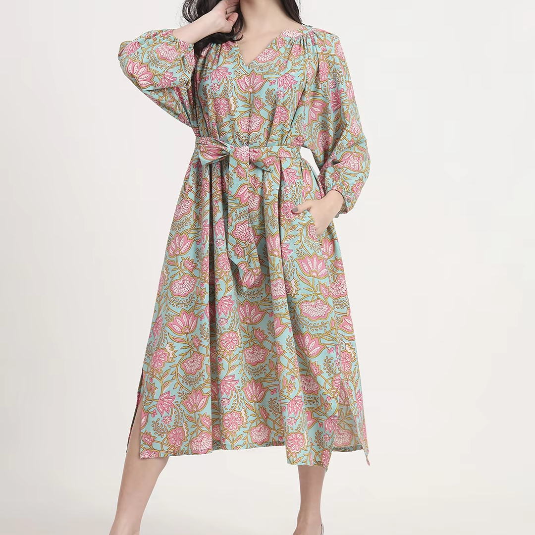 Mint Green Pink Floral Print Midi Dress V-Neck Long Sleeves Belted Dropped  Waist Ball Gown Silhouette Casual Style for Summer| Alibaba.com