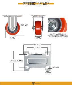 Rueda rígida de carro de 3 pulgadas con rueda roja de PU y rodamientos - Product Image 6