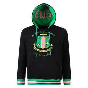 Sudadera con Capucha Unisex AKA Black Prep, Bordado Chenille Verde y Rosa con Letras Griegas, Ajuste Premium - Product Image 1