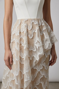 <b>White</b> Beaded Plain Woven Tulle <b>Lace</b> <b>Fabric</b> with Wave Pattern Embroidered Lightweight 70GSM for Wedding Girls - Product Image 4