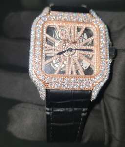 Reloj de Lujo de Dos Tonos, Completamente Decorado con Piedras, Estilo Hip Hop, Hecho a Mano, de Acero Inoxidable, Resistente al Agua, con Correa de Cuero Analógica - Product Image 1