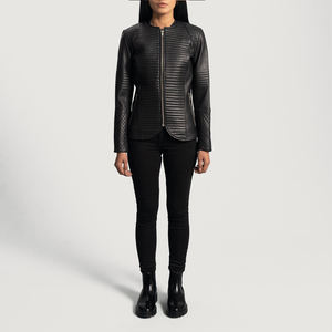 Veste en cuir matelassée noire pour femmes, col rond, fermeture éclair sur le devant, vêtements d'extérieur, style de couture horizontale, mode féminine - Product Image 4