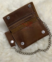 Dompet Kulit Asli Ramah Lingkungan Warna Cokelat Muda Unisex dengan Kancing, Pola Lanskap Timbul, Kapasitas Besar, Tipis, Tempat Kartu Kustom