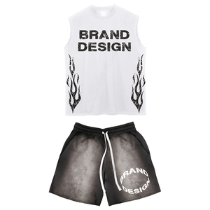 <b>Men's</b> Custom Two-Piece <b>Set</b> Breathable Cotton Acid Wash Sweat <b>Shorts</b> <b>and</b> Sleeveless <b>T</b>-<b>Shirt</b> Distressed Casual Style for Summer - Product Image 1