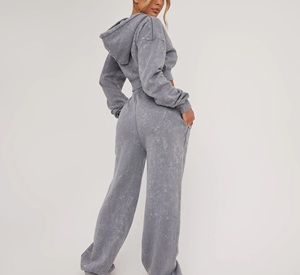 Survêtement pour femmes, couleur unie, à capuche, manches longues, fermeture éclair sur le devant, poche, coupe ample, style streetwear, gris, polyester, logo personnalisé - Product Image 2