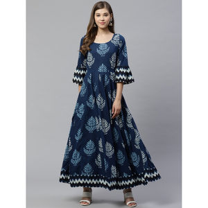 Anarkali Kurta estampado azul y blanco Tiene un cuello redondo mangas tres cuartos acampanado 100% algodón traje étnico indio - Product Image 1