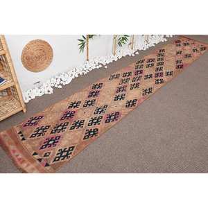 Alfombra turca vintage étnica, beige, rosa, área grande, diseño de retazos rectangulares, alfombra de habitación de látex de lana de estilo clásico (2,1x11,9 pies) - Product Image 3