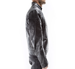 Veste en cuir de python noir haut de gamme, veste de motard en cuir de serpent texturé, col mandarin, fermeture éclair intégrale, design à panneaux, pour homme - Product Image 2