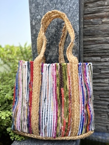 Bolso Tote de Yute Tejido para Mujer, Estilo Bohemio, para Playa y Viajes de Verano, Ecológico, con Parte Superior Abierta, Bandolera, Rayas Coloridas Cruzadas - Product Image 5