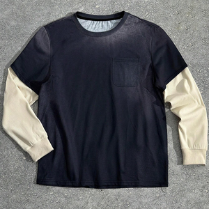 Alta calidad 100% algodón francés Terry liso en blanco Patchwork desgastado Vintage desteñido lavado manga completa camiseta para hombres - Product Image 4