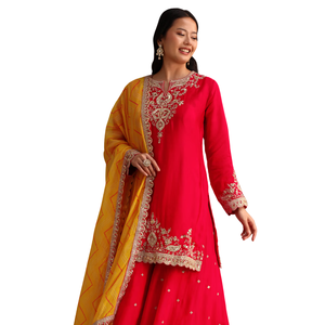 Vente en gros OEM de vêtements ethniques pour femmes, tenue personnalisée, costume rouge Zari Work Kurta Palazzo avec organza Dupatta - Product Image 2