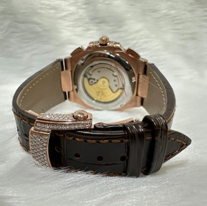 นาฬิกาข้อมือหนังแท้ประดับเพชรแบบตั้งวันที่อัตโนมัติขายดีที่สุด ขอบหน้าปัดประดับเพชรเต็มแบบฮิปฮอป นาฬิกาจักรกลสุดหรู - Product Image 5