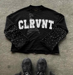 Personnalisé Surdimensionné Strass Sérigraphie T-Shirt Vintage Coton Hommes Double Couche À Manches Longues Broderie En Déchiré T-shirt - Product Image 1