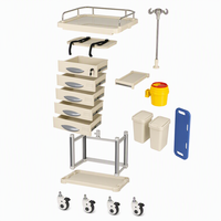 Chariot médical en aluminium avec 5 tiroirs verrouillables, séparateurs, garde-corps en acier inoxydable, support pour poteau IV, étagère pour défibrillateur et roues silencieuses. Utilisation en unité de soins intensifs/d'urgence hospitalière