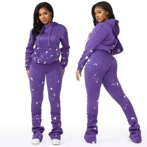 New Arrivals Women Stacked Flared Pants Two Piece <b>Set</b> Fleeced Heavyweight French Terry Hooded Printed Matching Outfit - Product Image 1