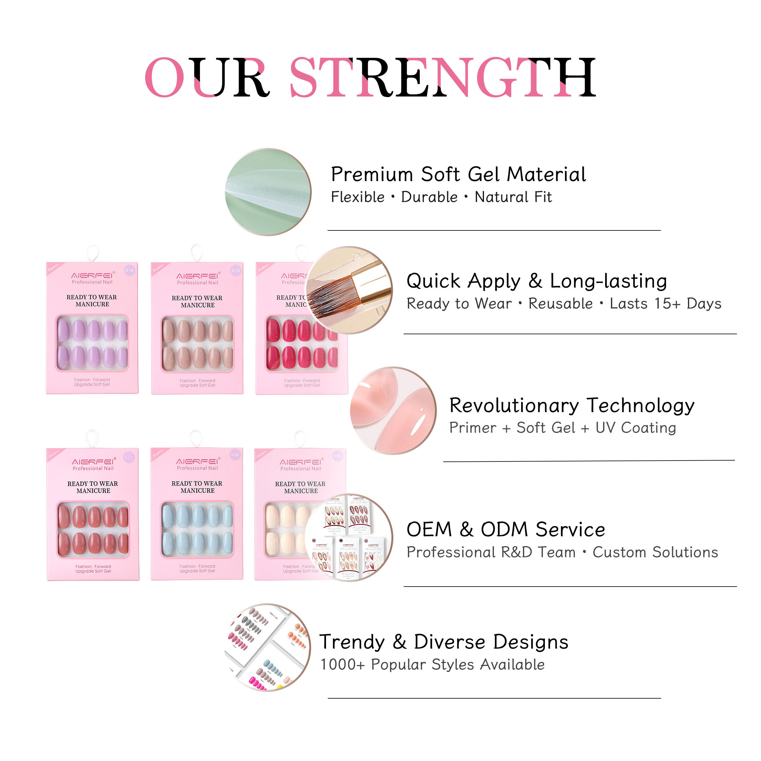 AIERFEI Oval Press on Nails Collection 30PCS Each Solid Color Soft Gel Full Cover False Nails Ready to Wear Wholesale