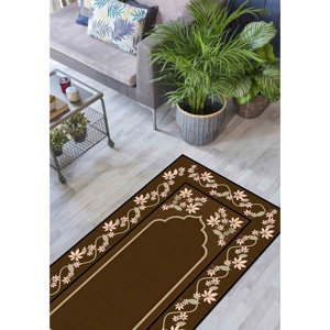 Tapis de prière marron floral : Tapis islamique imprimé spirituel, avec poils doux - Product Image 1