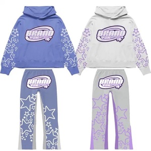 Custom Streetwear Sweat Suits Slim Fit Solid Color Puff Print Sweatpants and Hoodie Set <b>Men</b> Flared Pants Sweat Suit & Track Suit - Product Image 1