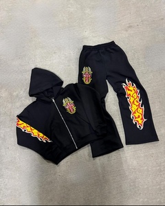 Ensemble de jogging personnalisé pour hommes, survêtement vintage en coton délavé à l'acide, pantalon de survêtement évasé avec broderie et appliques, ensemble de sweat à capuche zippé - Product Image 5