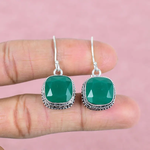 Faceted <b>Green</b> Onyx Gemstone 925 Sterling Silver Handmade Drop Dangle Vintage Hoop <b>Earrings</b> for Women Birthday Gift Bulk - Product Image 1