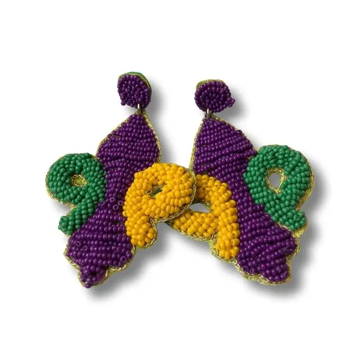 Mardi Gras beadwork trends Beaded celebration hoop earrings Sparkling seed bead embellishments Embroidered festival jewelry