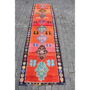 Vintage Rug, 2.6x9.6 ft <b>Runner</b> Rug, <b>Red</b> Blue Herki Wool Rug - Product Image 1