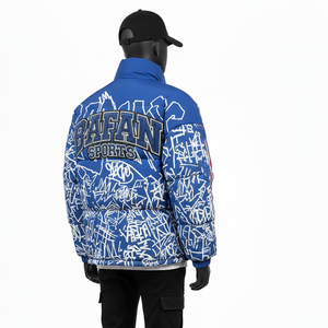 Veste matelassée d'hiver pour homme en tissu polyester bleu avec design de panneaux matelassés, logo brodé personnalisé, veste matelassée pour homme - Product Image 5