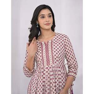 Conjunto de Salwar Kameez y Pantalón de Algodón con Estampado de Bloques en Blanco y Morado - Product Image 3