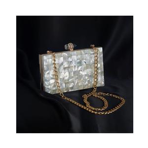 Luxury Mother of Pearl <b>Clutch</b> for Women - Handmade Pearl Inlay Evening <b>Bag</b> with <b>Gold</b> Accents - Product Image 3