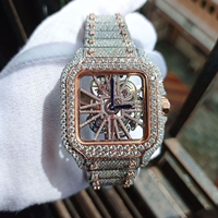 Montre-bracelet de luxe pour homme, forme carrée, quartz, design squelette, plaqué or rose, cadran serti de diamants en moissanite, bracelet argenté