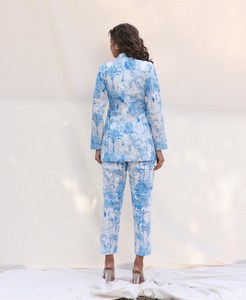 Printed Floral Casual Women's <b>Blazer</b> and Pants <b>Set</b> in Blue Cotton with Quick Dry Feature - Product Image 2