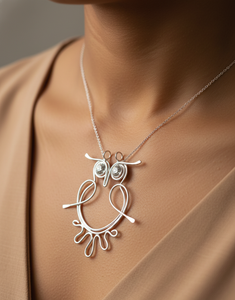 Handmade Silver Metal Wire <b>Owl</b> Pendant - Multipurpose Charm for Necklace, Keychain, Earrings, Bag Accessory with Crystal Eyes - Product Image 1