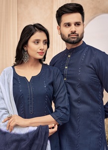 Ensemble Kurt formel élégant en pur coton avec broderie Butti et séquence Bandanas ethniques indiens pour la collection de couples - Product Image 4