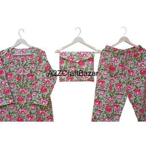 Wholesale <b>Sleepwear</b> Indian Floral Print Pajamas Cotton Night Wear Pyjama Set 100% Cotton Organic Night Suit Pyjamas Dress - Product Image 4