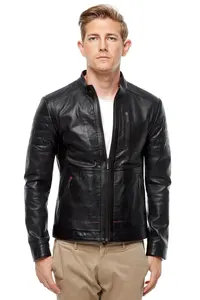 Chaqueta de cuero suave y transpirable de piel de cordero auténtica para motocicleta negra perforada ajustada para hombre - Product Image 5