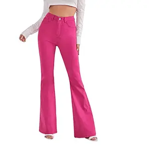 Women's jean flared denim pants female fitted mid waist flared denim jean pants pink dyed Best Fashion Standard Cheap Plus Size