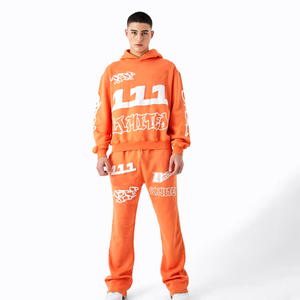 Conjunto de Sudadera con Capucha y Pantalones Deportivos Acampanados con Lavado Ácido Personalizados al por Mayor, Conjunto Deportivo Informal con Capucha y Pantalones Deportivos para Hombre - Product Image 1